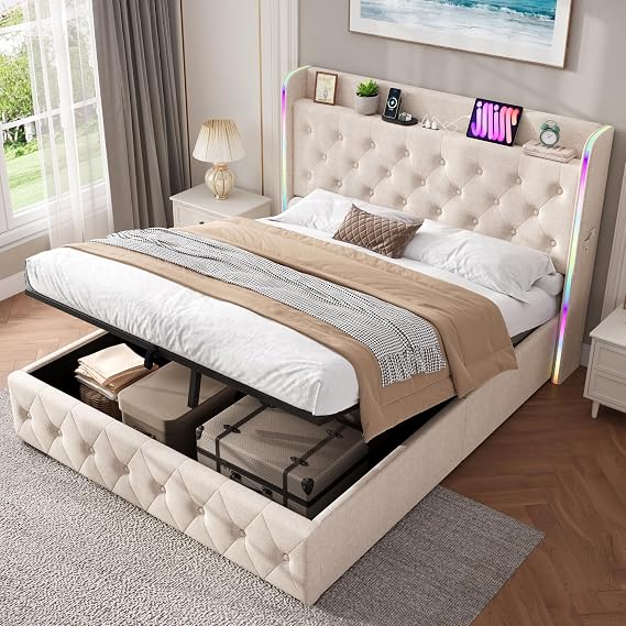 Miyemo Double Bed Frame with Storage, 4ft6 Upholstered Ottoman Bed with Headboard & Hydraulic, Linen Bed Frame with Charging-Station & Reading-Light, 135x190cm, Beige, (No Mattress)