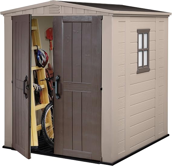 Keter Factor Outdoor Apex Double Door Garden Storage Shed 6 x 6ft Beige Brown Wood effect | Fade Free | All Weather Resistant | Safe and Secure | Zero Maintenance |