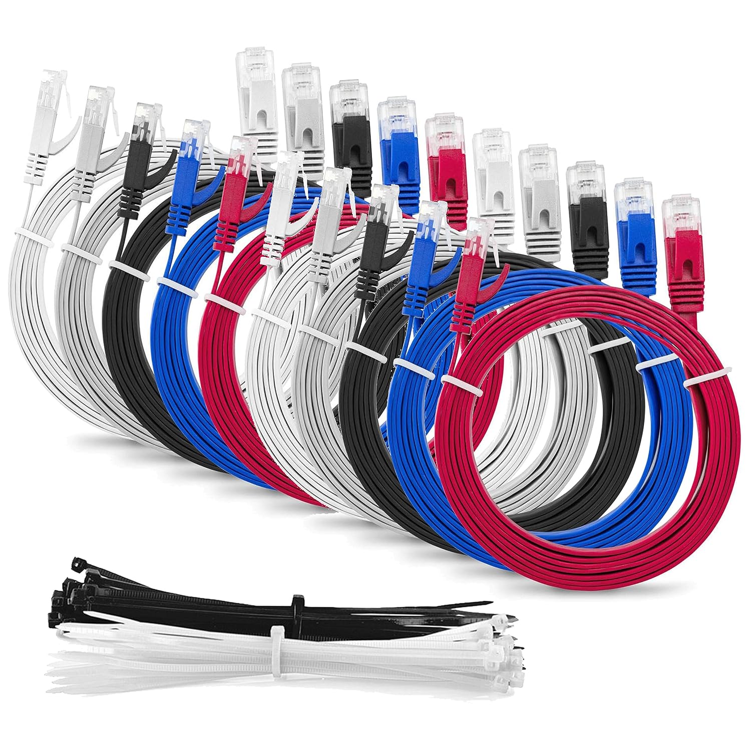MutecPower Multi Cable SLIM FLAT 0.5m Cat6 RJ45 Ethernet Network Patch Lan cable - Multi Coloured 10 Pack - 0.5 meter  15 Cable ties