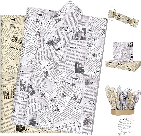 Larcenciel Tissue Paper 100 Sheets, Vintage Newspaper Tissue Paper for Wrapping Gift & Packaging, Newsprint Flower Wrapping Paper, Patterned Gift Tissue Packing Paper for Gift Bag, Craft, DIY, 50x35cm