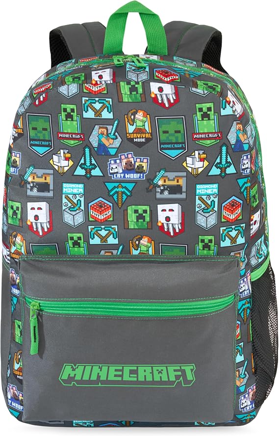 Get Trend Minecraft Large Children's Backpack, 46 cm Adjustable and Padded School Backpack, for School, Travel and Leisure, Gamer Gift for Children, green/grey minecraft, Kids Backpack