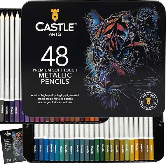Castle Art Supplies 48 Metallic Pencils for Adults - Shimmering Shades | Premium quality wax cores in shimmering shades for professionals and colourists - organised in a presentation tin box