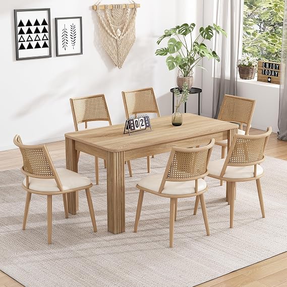 ModernLuxe Dining Chairs Set of 6, Stylish Bamboo Kitchen Chairs with Imitation Rattan Backrest and Retro Side Design, Comfortable PU Leather Seat, Suitable for Dining Room, Restaurant or Café, Beige