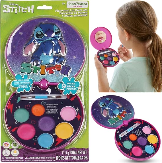 Disney Stitch Flavoured Lip Balm Set - 9PCs Kids Lip Gloss with Mirror Set, Lips Balm Palette Gift for Girls, Townley Kids Makeup Set Gift for Birthday 3+