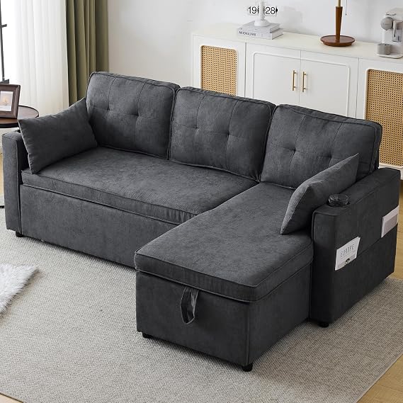 Merax Corner Sofa Bed with Internal Storage Chaise, 3 Seater Sofas for Living Room, L Shaped Sofa with Cup Holders, Pillows and Storage Pocket, Pull out Modular Day Bed for Home Office, Grey