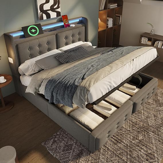 Upholstered Ottoman Bed with Hydraulic Lift & LED Storage Headboard, 5ft King Size Bed Frame with USB Type-C Charging, Linen Ottoman Lift Up Upholstered Bed with Storage & Slats, No Mattress, Grey