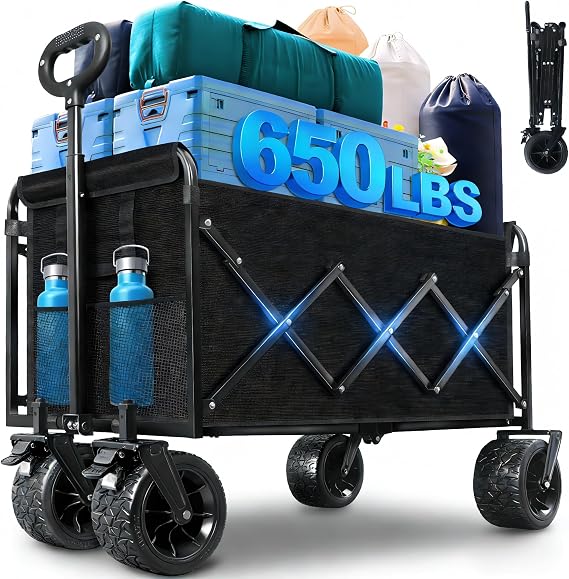 Collapsible Wagon Cart, 650lbs Capacity 300L Folding Utility Wagon with All-Terrain Wheels & Brakes, Heavy Duty Foldable Beach Cart for Groceries, Camping, Sports, Shopping – Black