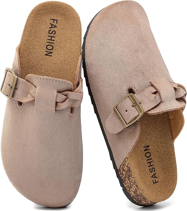 Suede Clogs Women Men Cork Footbed Adjustable Buckle Arch Support Mules