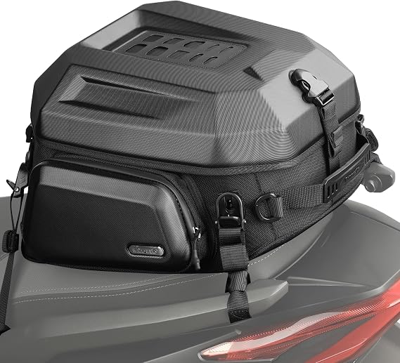 Rhinowalk Motorcycle Tail Bag Hard Shell Saddle Bag - Expandable 23-35L Bench Bag with Waterproof Inner Bag Helmet Compartment Backpack Function ABS Top Case (Matte Black Case)