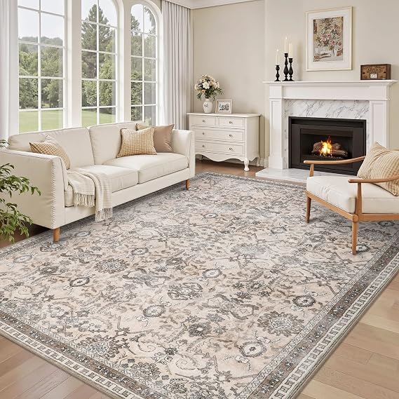 Washable Rugs Living Room Large 160x230cm, Boho Vintage Living Room Rug Carpet with Non-Slip Backing, Soft Low Pile Beige Area Rugs for Bedroom Dining Room Kitchen Office Decor