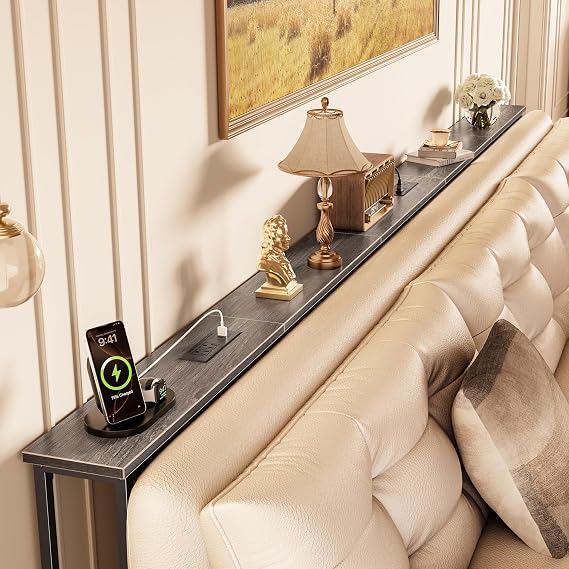 Huuger 110 Inch Sofa Table with Power Outlets, Skinny Behind Couch Table