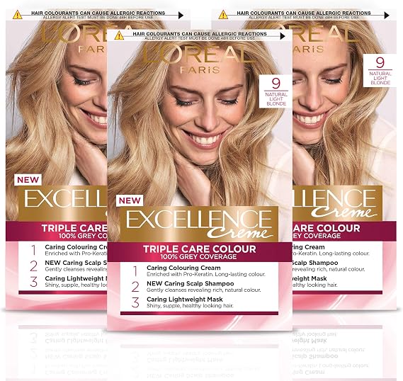 L'Oréal Paris Excellence Crème Permanent Hair Dye, Radiant At-Home Hair Colour with up to 100% Grey Coverage, Pro-Keratin, Up to 8 Weeks of Colour, Pack of 3, Colour: 9 Natural Light Blonde