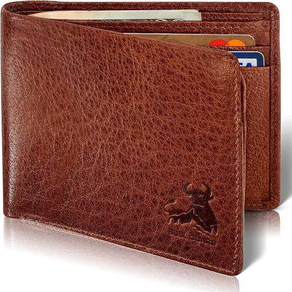 RFID Bifold Leather Wallet for Men with Flip Up ID - Vintage Buffalo Brown, Adventure Brown
