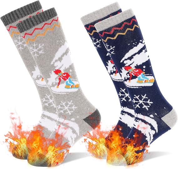GRPSKCOS Kids Ski Socks, 2 Pairs Warm Thick Thermal Snowboard Skating Socks for Boys Toddler 3-12 Years