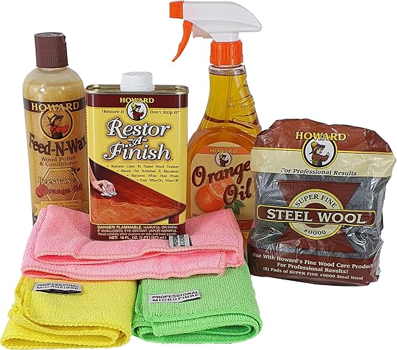 Howard Restor-A-Finish KIT Dark Walnut Heat Ring and Water Mark Remover Polish Wax Orange Oil Cloths Gloves Fine Grade #0000 Steel Wool Pads