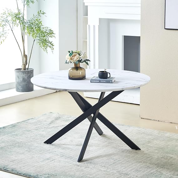 Modern Round Dining Table 80cm 2-4 Seaters White Marble Effect Kitchen Table with Black Metal legs Space-Saving Table for Dining Room, Living Room Home Office (80, Centimeters)