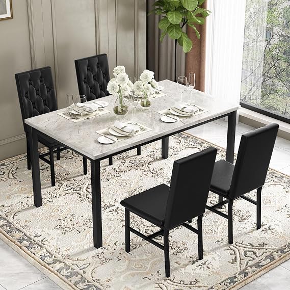 HOOSENG Dining Table and Chairs Set 4, Faux Marble Small Dining Table with Button Tufted Chairs for Kitchen & Home (Gray & Black)