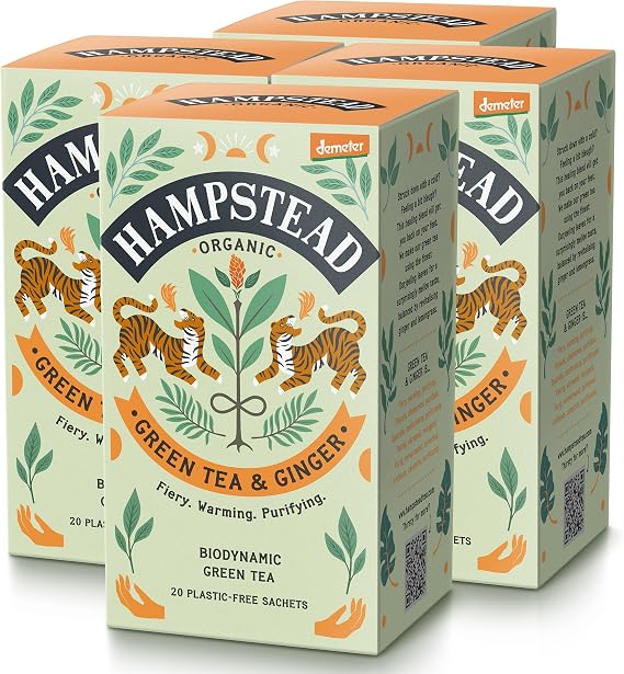Hampstead Organic Green Tea and Ginger Tea Bags (Pack of 4 Total 80 Teabags), 100% Organic, Plastic-Free Compostable Sachets