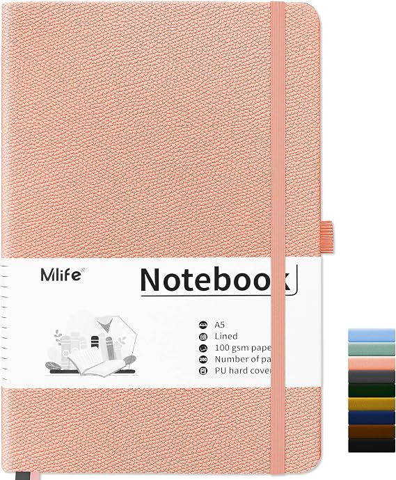Mlife Notebook A5 Lined,Notebooks with 200 Pages,100 Gsm Thick Paper,Pu Hard Cover Notepad With Inside Pocket,Elastic Banded,Lined Journal for Office School Home Business Writing(Pink)