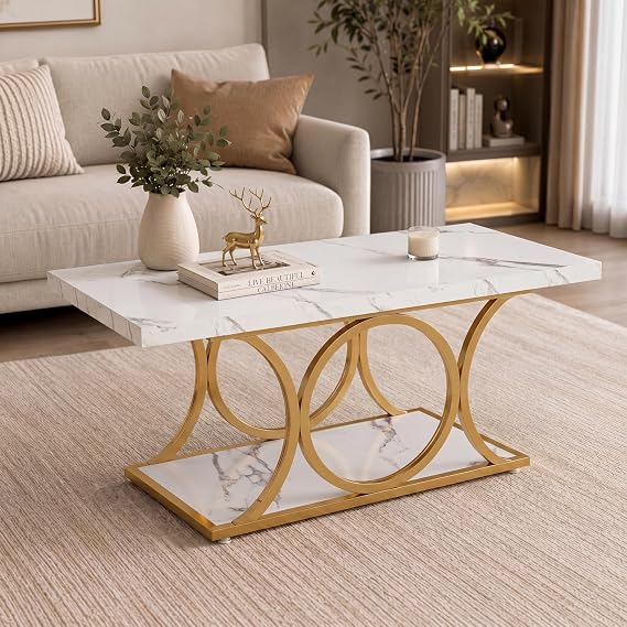 Tribesigns Rectangle Coffee Table, Modern 2 Tier Coffee Table with Faux Marble Top and Gold Geometric Metal Legs, Living Room Centre Table with Storage Shelf, White and Gold