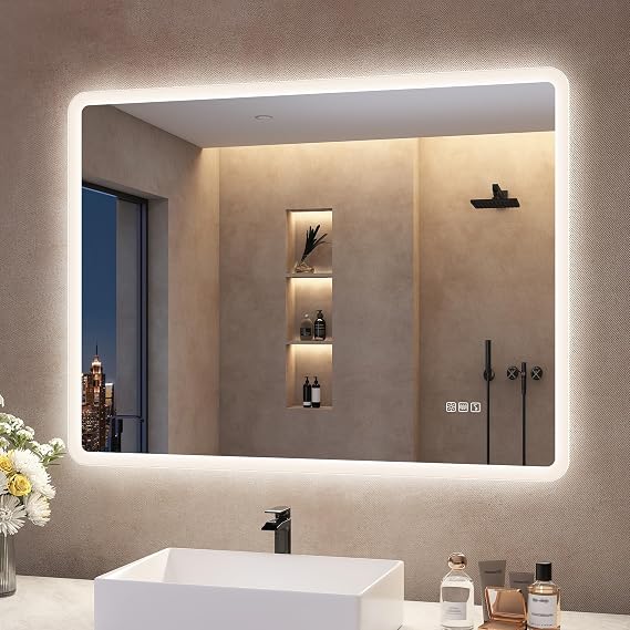 S'bagno Bathroom-Mirror-with-LED-Lights, LED-Bluetooth-Bathroom-Mirror, Anti-Fog, 3 Colors, Dimining, Memory, Tempered Glass, IP44 Waterproof (M66 (Bluetooth), 60L x 80W cm) [Energy Class E]