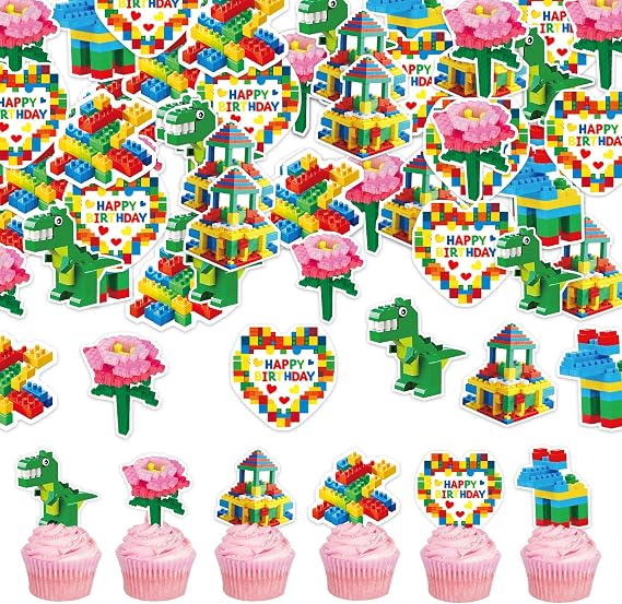 48ピース 食用ビルディングブロック 誕生日パーティー カップケーキトッパー 男の子 女の子 誕生日パーティーデコレーション レンガがテーマのビルディングブロック 誕生日デコレーション 子供/大人/誕生日パーティー用品