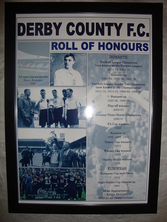 Lilywhite Multimedia Derby County club history roll of honours - framed print