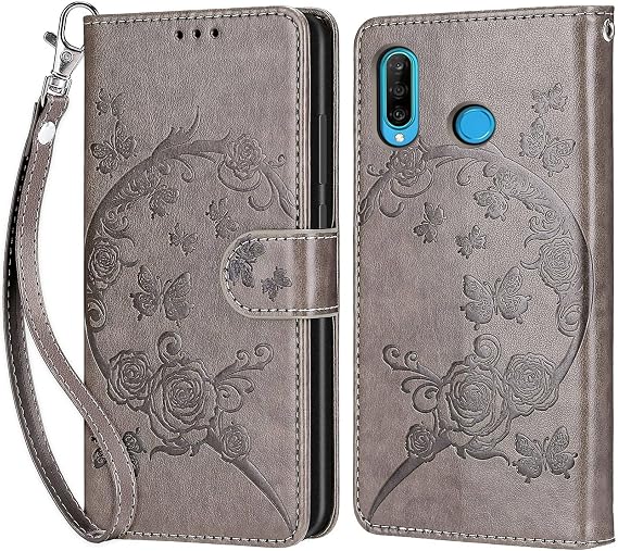 Mobile Phone Case for Huawei P30 Lite Grey Flowers