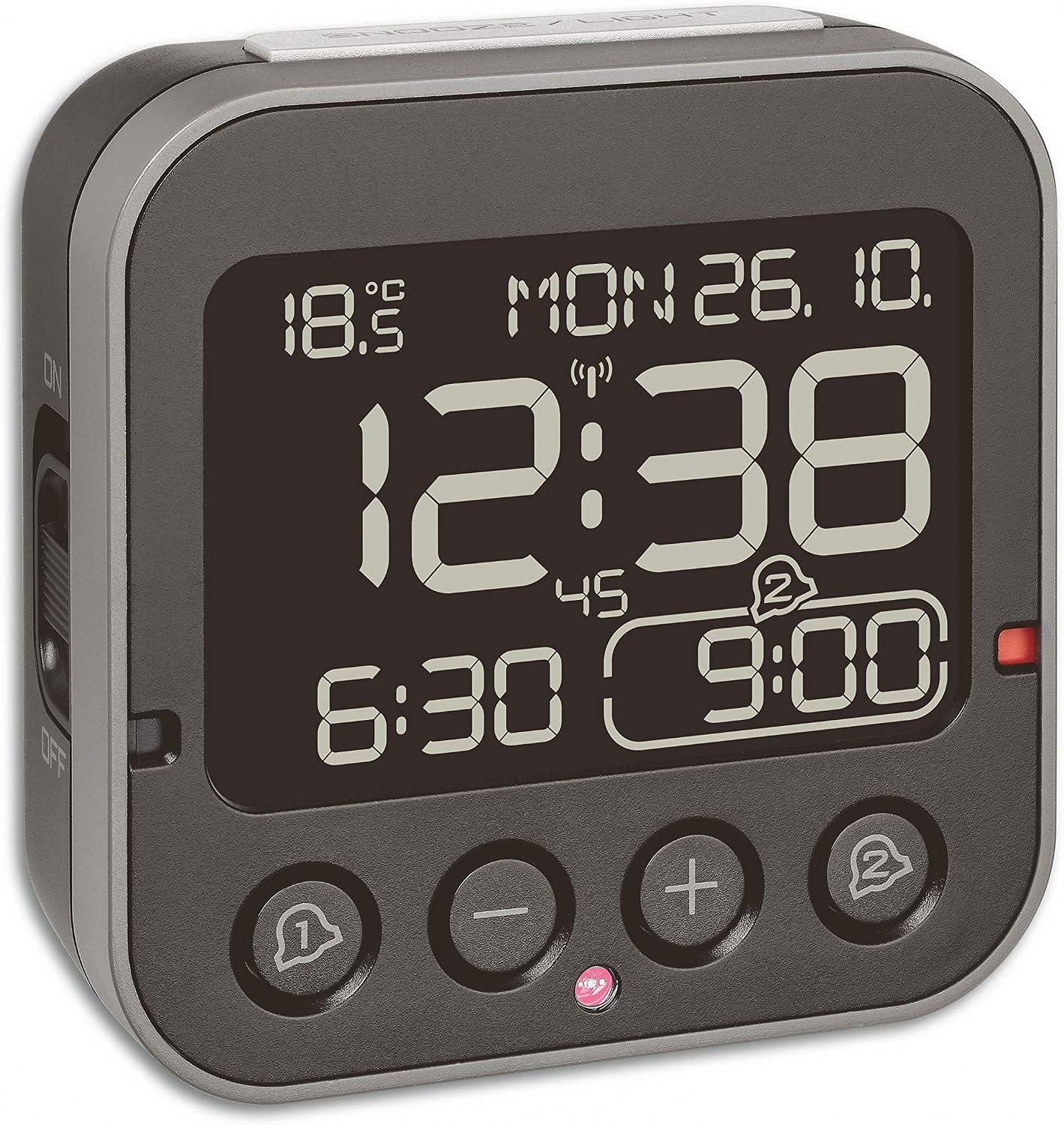 TFA Dostmann Bingo 2.0 Digital Radio-Controlled Alarm Clock, 60.2552.01, Inverted Display, 2 Alarm Alarms, Date and Day of the Week, Includes Thermometer, with Light, No Ticking, Radio-Controlled