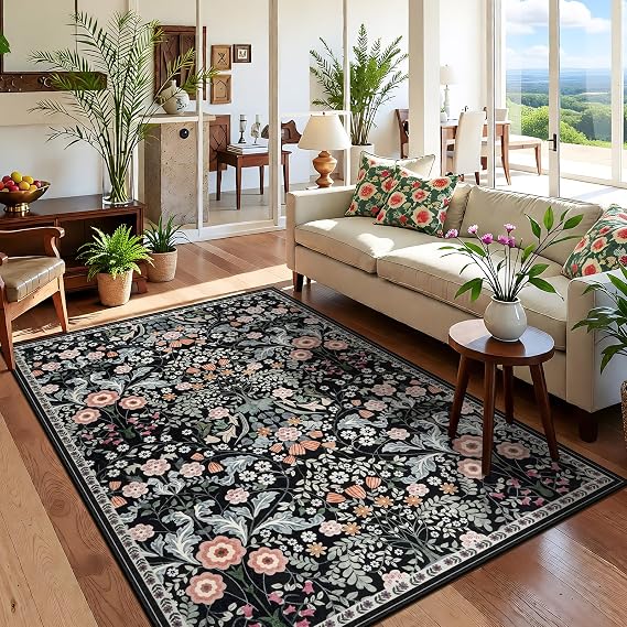 Washable Rugs Living Room Large 120x170cm, Floral Washable Rug Soft Vintage Boho Living Room Rug, Non-Slip Floor Carpet Area Rugs for Bedroom Dining Room Kitchen Home Office