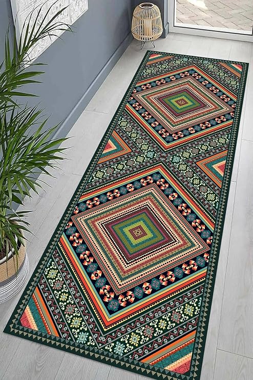 Pelangi Kilim Desenli Dijital Baskı Yıkanabilir Kaymaz Taban Etnik Salon Halısı ve Yolluk, Yeşil 40 x 40, 955417040407