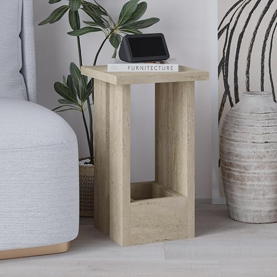 HOCUS PICUS Side Table Slim Square Narrow Table Industrial, Travertine