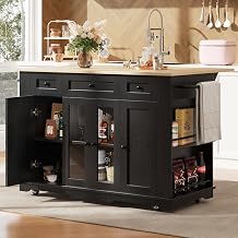 Kitchen Island On Wheels with Adjustable Shelf and Drawers, Kitchen Trolley with Towel Rack and Tempered Glass, Free Standing Cabinets with Storage, Sideboard, Black