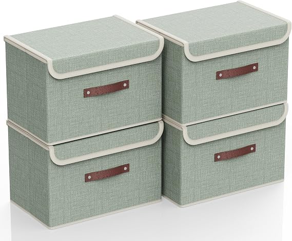 4 Pack Foldable Fabric Storage Boxes with Lids and Handles, Collapsible Wardrobe Organizer & Closet Basket for Clothes, Books, Photos | 38x25x25 cm (Deep Green ko1)
