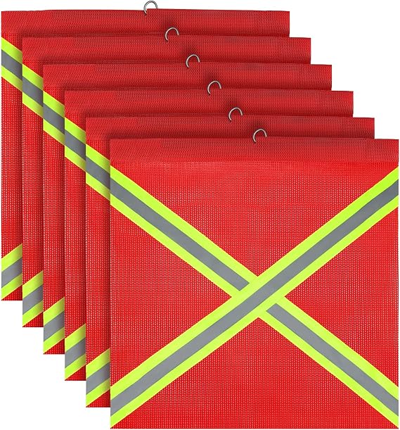 Safety Flags with Wire Loop 6 PCS 18x18 Inch Mesh Warning Sign Flags for Trailer Truck Hauling Single Sided Cross-Reflective Strip Flag (Deep Red)