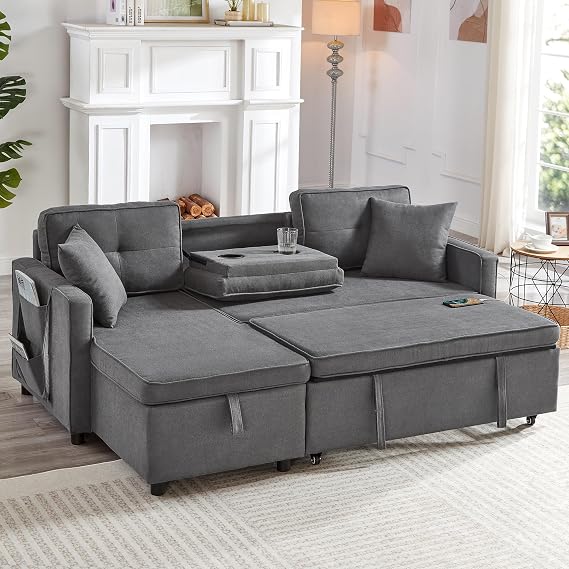 L-Shaped Pull Out Sleep Sofa Bed, Modern Reversible Sleeper Sectional Sofa, 3 in 1 Convertible Sofa Bed with Storage Chaise, Drop-Down Table, Cup Holders and Charging Ports (USBType-C),Grey