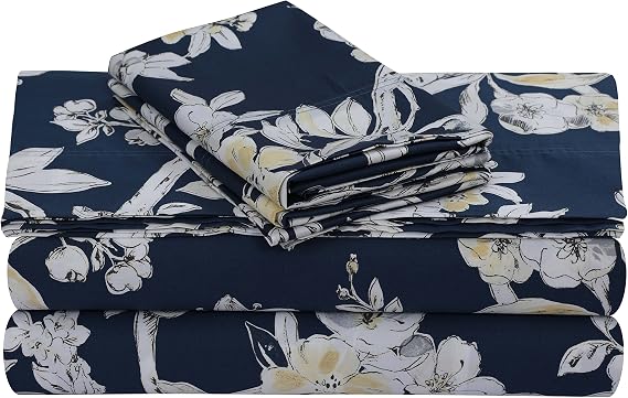 Tribeca Living King Bed Sheet Set, Soft Cotton Sateen Printed Sheets Floral Print, Extra Deep Pocket, 300 Thread Count, 4-Piece Bedding Sets, Colmar Navy Blue/Multi