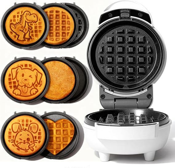 SugarWhisk 6 in 1 Mini Waffle Maker with Removable Plates, 4.5'' Mini Waffle Iron for Holiday, Waffle Maker, 8 Ceramic Coated Plates, White