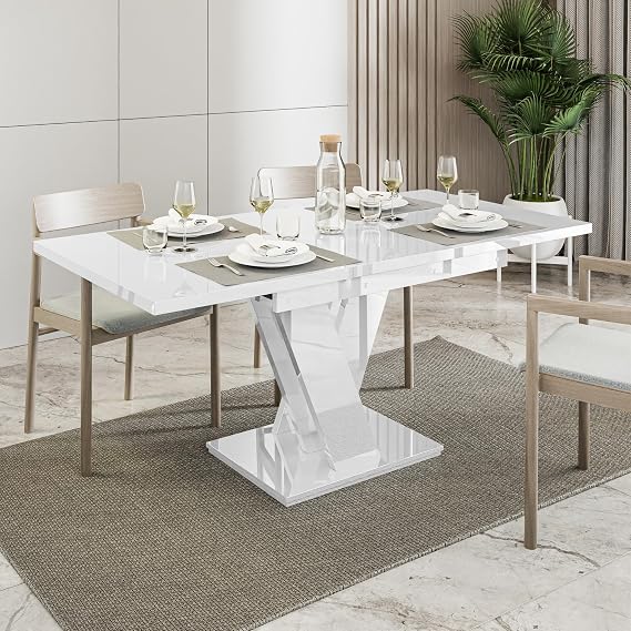 MALVI Extendable Kitchen Table 120-160 x 80 cm Elegant Living Room Table V-Frame White High Gloss