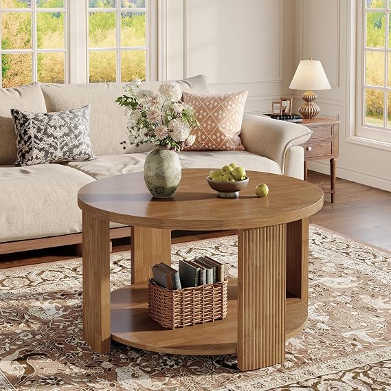Tribesigns Round Coffee Table, 2-Tier Living Room Table with Thick Tabletop, 80 cm Mid-Century Modern Circle Accent Center Table for Small Space Living Room Bedroom Office(Rustic Brown)