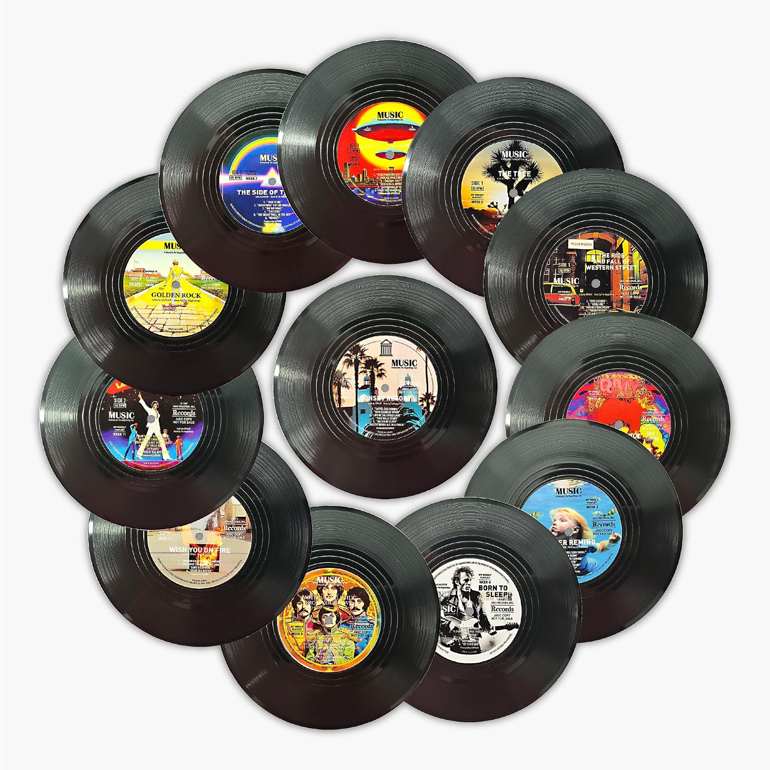 Funny Retro Vinyl Record Coasters, Creative Drink Coaster Set of 12 for Music Lovers, Housewarming Hostess Gifts, Birthday and White Elephant Gifts Ideas 12PC V03BM