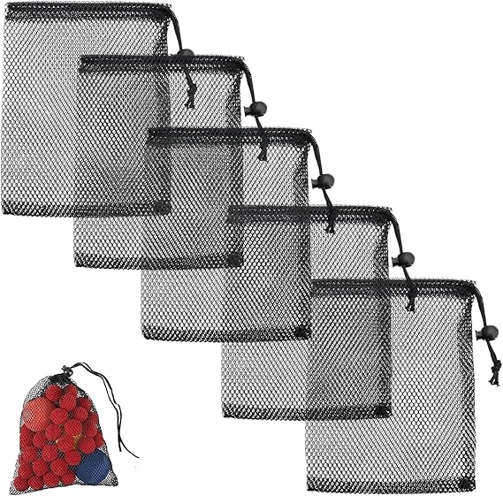 5 PCS Mesh Bags Drawstring, Swimming Net Bag, Mesh Drawstring Bag, Mesh Storage Bags, For Kitchen, Jewelry, Toys, Gifts, Wedding Favours, Home (Black)