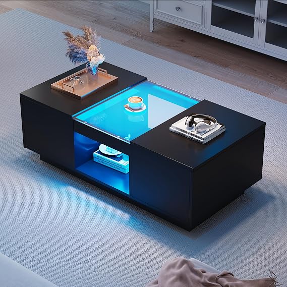 LED Coffee Table with Storage, 2-Tier Modern Center Table with Drawers & LED Lights, Black