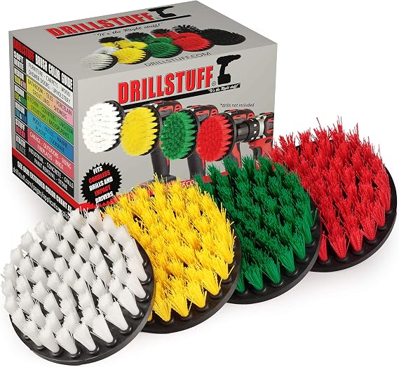 4in 4 Piece Soft, Medium and Stiff Power Scrubbing Brush Drill Attachment for Cleaning Showers, Tubs, Bathrooms, Tile, Grout, Carpet, Tires, Boats by DrillStuff
