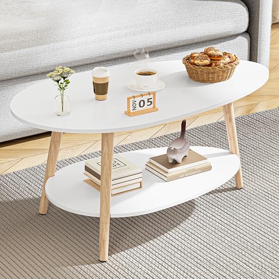 BonVache Oval Coffee Table,2-Tier Center Table with Storage Shelves, Tea Desk with Wood Legs,Small Desk for Small Space, Living Room Bedroom Apartment Home Office White