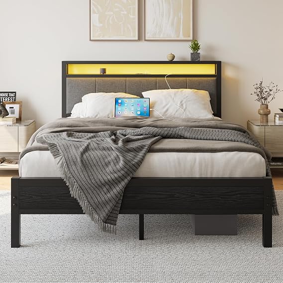 5FT King Size Bed Frame with Storage Headboard, Black