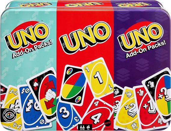 ​Mattel Games UNO Card Game with 2 Add On Packs with Storage Tin