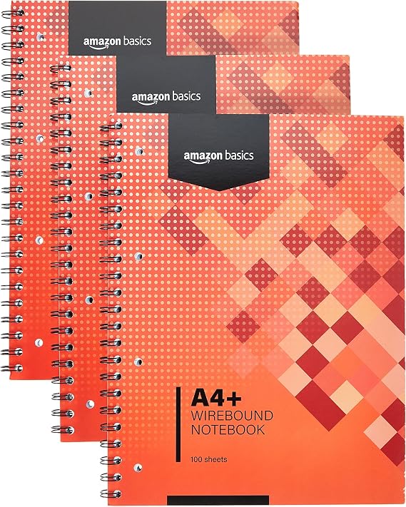 Amazon Basics Wirebound Notebook, 100 Sheets, 200 Pages A4+, 80GSM, red, Pack of 3