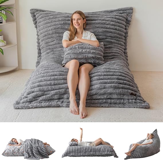 MAXYOYO Giant Bean Bag, Soft Fluffy Faux Fur BeanBag Chair for Adults & Kids Large Floor Cushion with Fluffy Foam Filling Removable & Machine Washable Cover 137x190cm