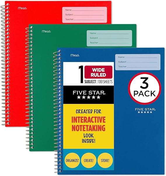 Five Star Etkileşimli Not Alma Spiral Defterler, 3'lü Paket, 1-Konu, Geniş Çizgili Kağıt, 11" x 8-1/2", 100 Yaprak, Orman Yeşili, Ateş Kırmızısı, Pasifik Mavisi (929986-ECM)
